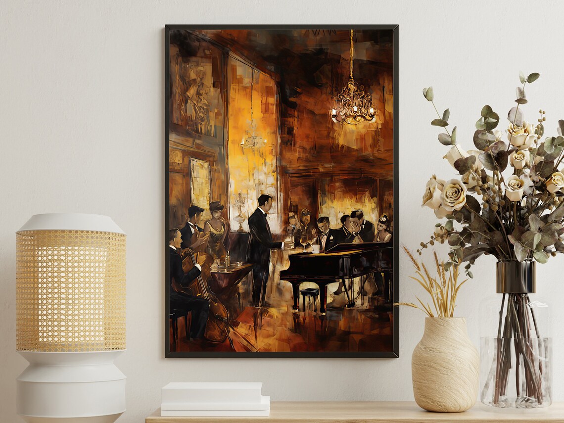 Vintage Jazz Club Grand Piano Cello Elegant Evening Performance Painting Print