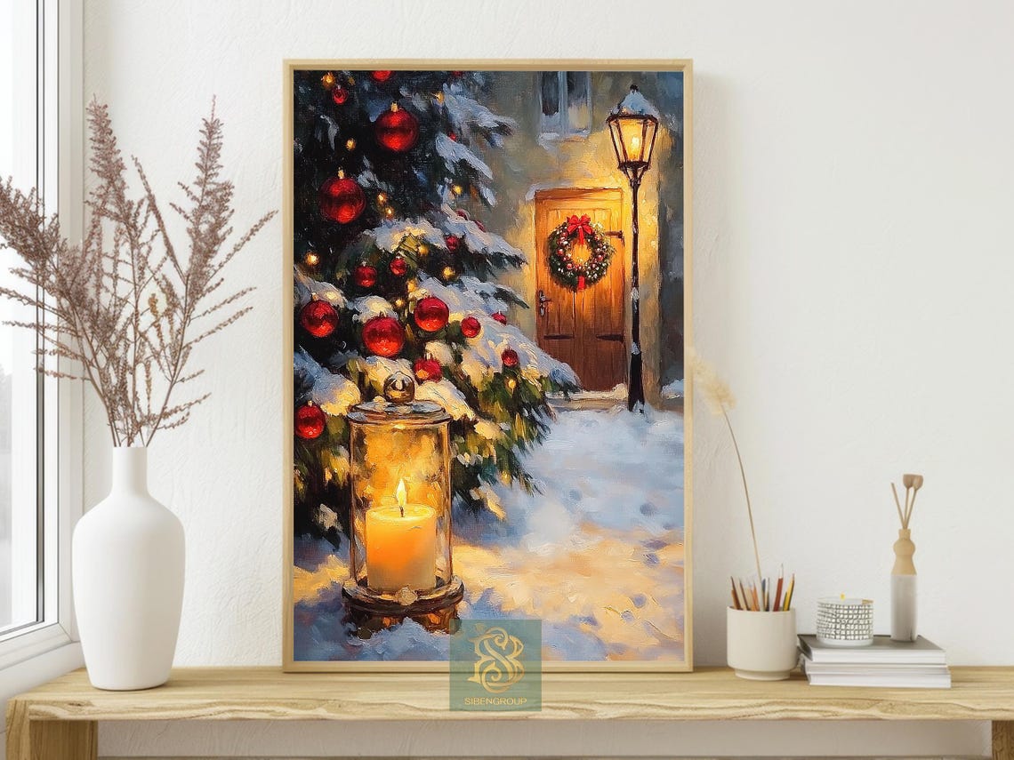 Snowy Christmas Lantern Glow by Tree With Red Ornaments Night Poster - Image 4