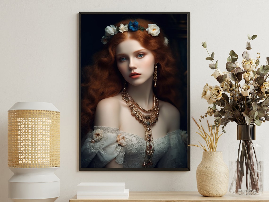Red Haired Victorian Beauty Floral Crown Jewelry Portrait Poster