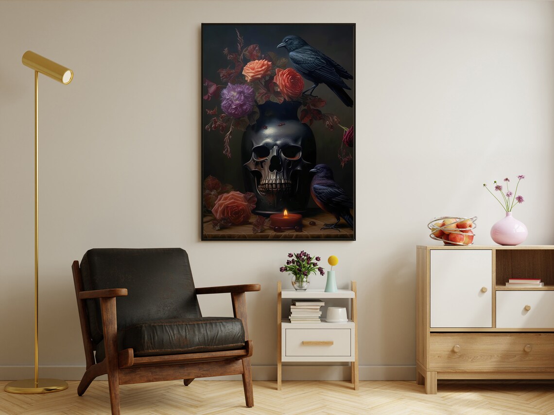 Black Skull Vase With Roses Two Crows Candlelit Dark Gothic Still Life Poster - Image 2