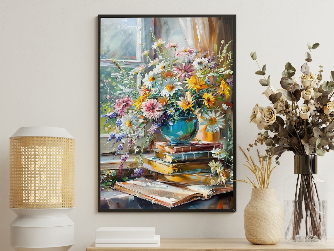 Wildflower Bouquet In Blue Vase On Books By Window Floral Poster