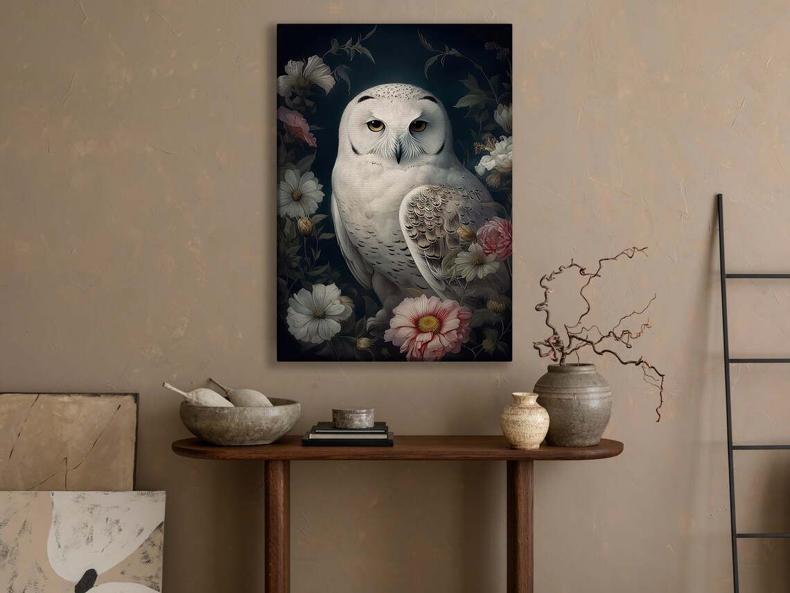 White Snowy Owl Among Pink Flowers Dark Floral Vintage Art Print Poster - Image 4