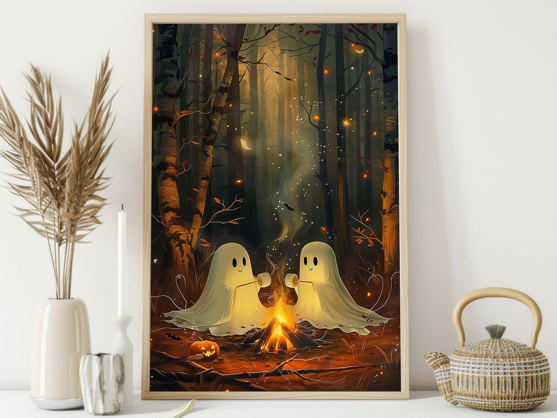 Two Cute Ghosts Roasting Marshmallows Campfire Forest Night Art Poster - Image 4