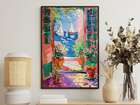 Matisse Style Open Window Balcony Sailboats Harbor Fauvist Colorful Art Poster