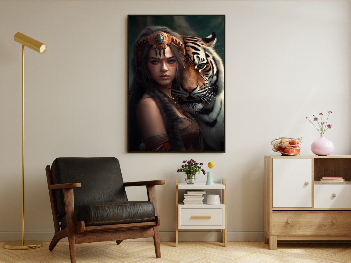 Fierce Tribal Warrior Woman With Majestic Tiger Companion Poster - Image 2