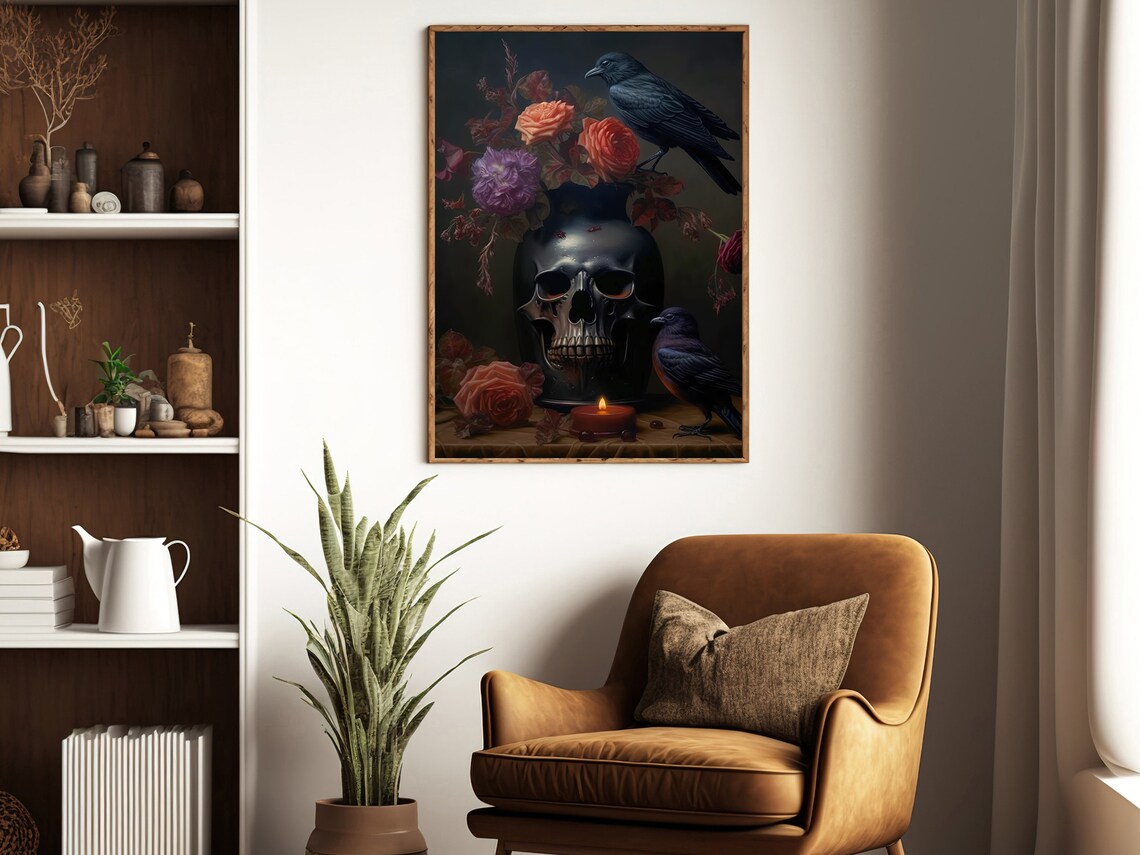 Black Skull Vase With Roses Two Crows Candlelit Dark Gothic Still Life Poster - Image 3