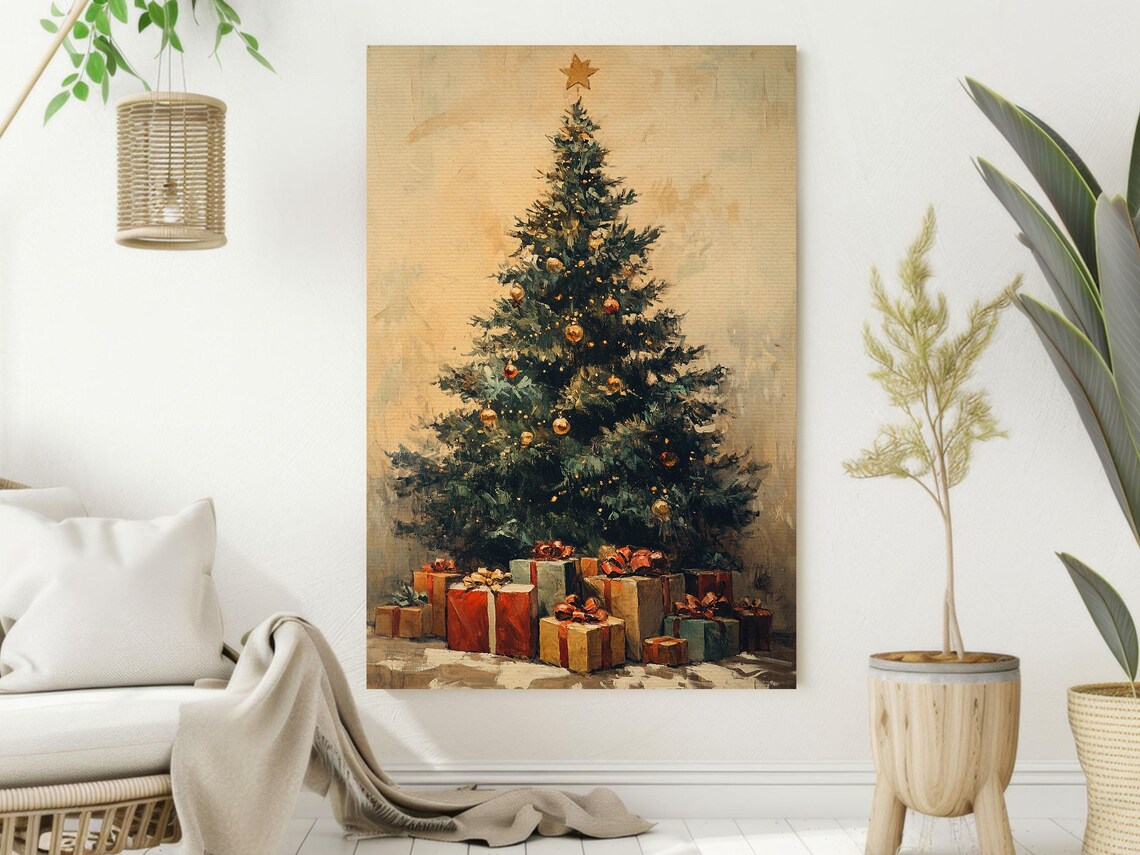 Vintage Christmas Tree With Gold Star and Gifts Oil Painting Poster - Image 2