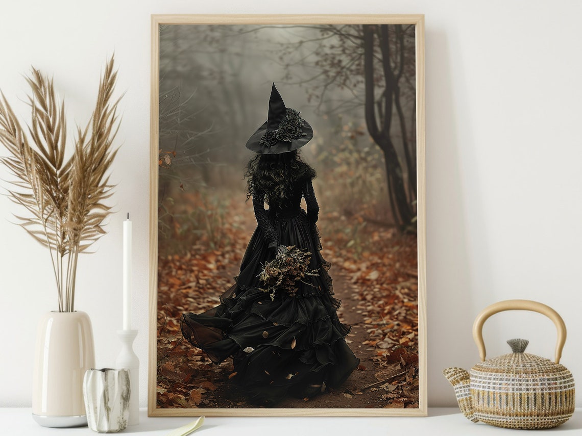 Witch In Black Gown On Autumn Forest Path Fall Leaves Art Poster - Image 4