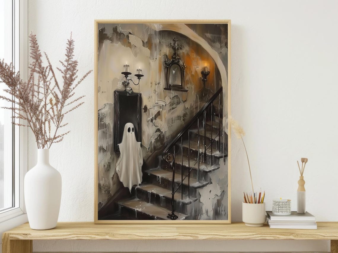 Sheet Ghost on Haunted Manor Staircase Vintage Spooky Painting Poster - Image 3