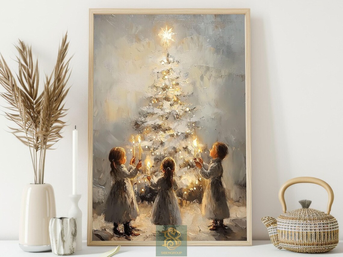 Christmas Night Cottage Tree Art Print, Cozy Decor - Image 4