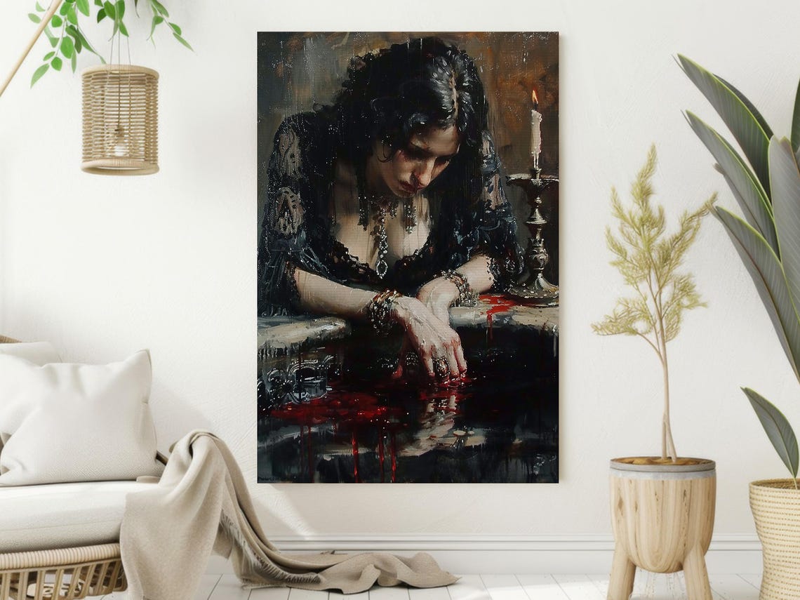 Dark Gothic Woman with Candles Blood Red Oil Painting Halloween Poster - Image 2