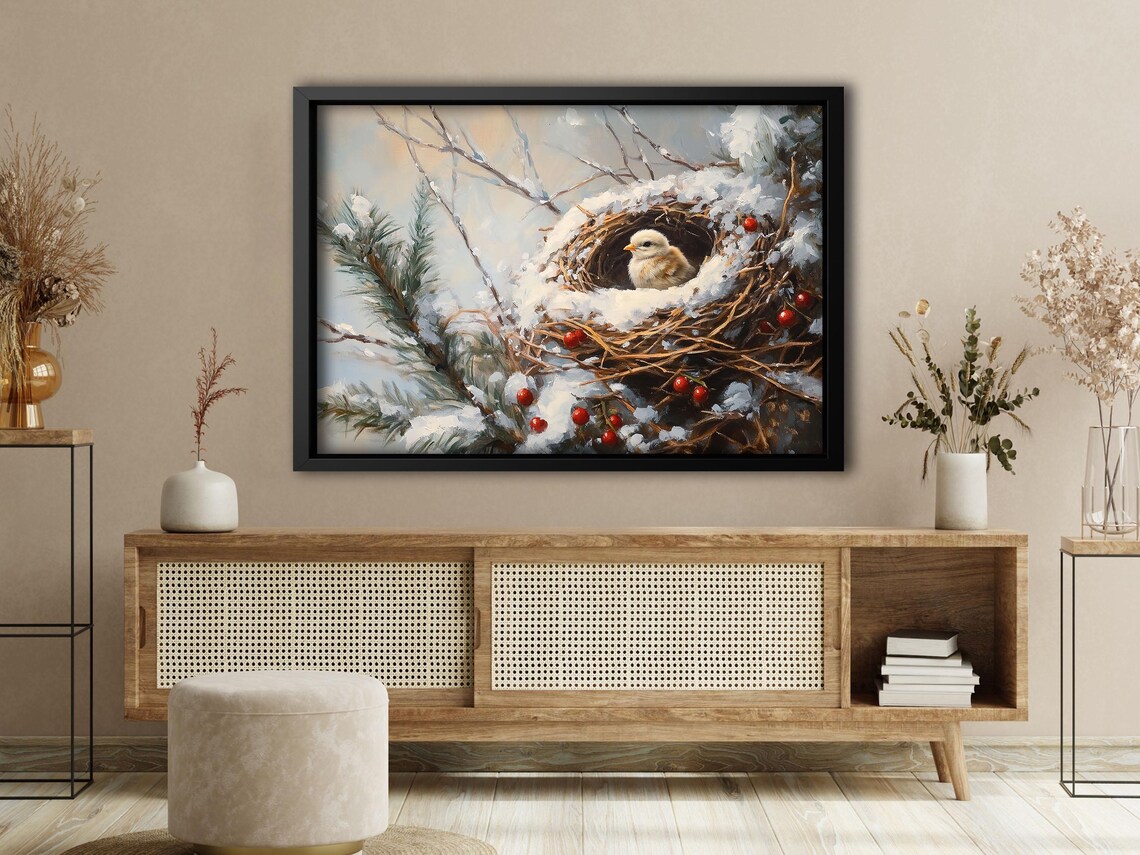 Baby Bird Snowy Nest Red Berries Winter Wildlife Painting Wall Art - Image 4