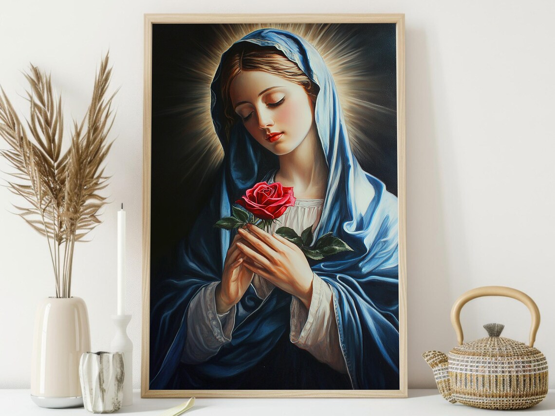 Virgin Mary Blue Veil Red Rose Halo Vintage Religious Painting Print