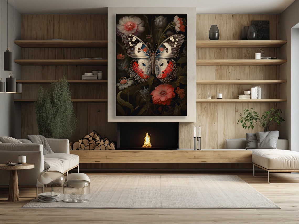 Moody Red Black And White Butterfly Among Vintage Florals Print - Image 3