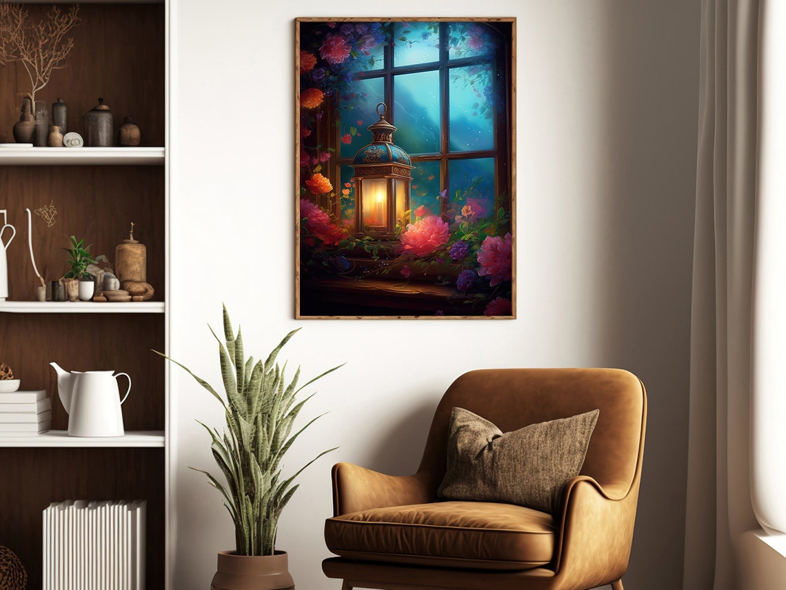 Vintage Lantern On Night Window With Vibrant Floral Bouquet Art Print - Image 2