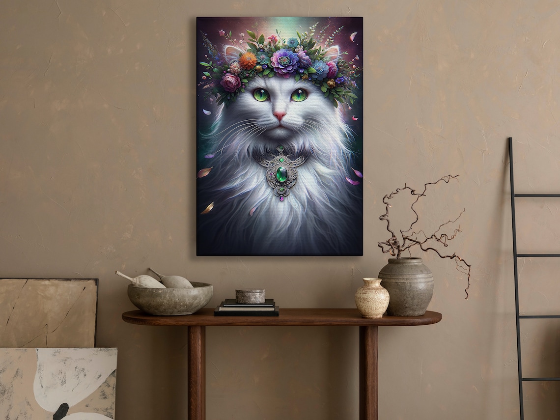 White Cat With Flower Crown And Emerald Necklace Surreal Animal Art Print - Image 4