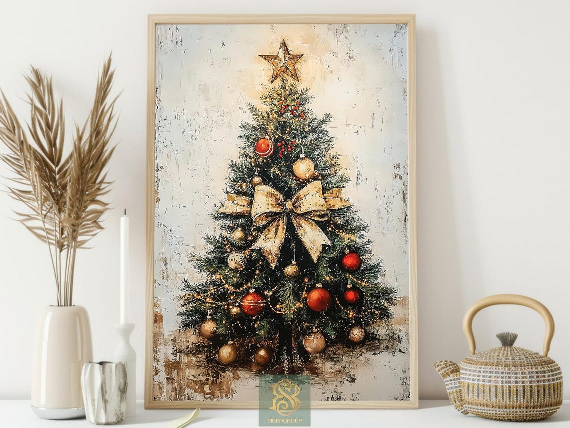 Rustic Christmas Tree With Cream Bow Red Gold Ornaments Art Poster - Image 4