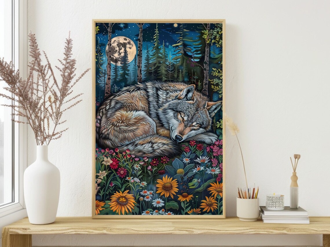 Sleeping Wolf Moonlit Pine Forest Wildflower Night Wildlife Painting Poster - Image 4