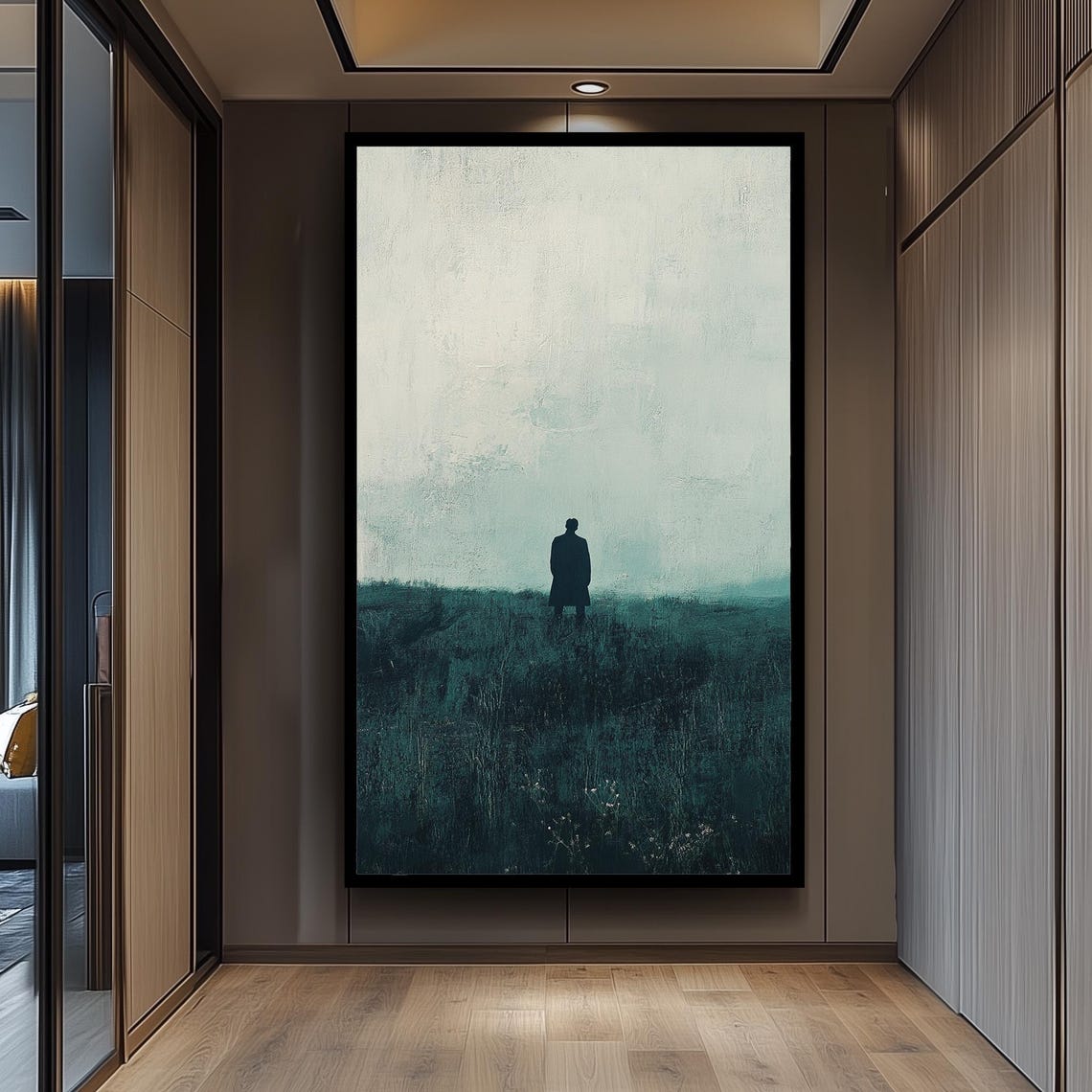 Minimalist Lone Figure Misty Green Field Moody Abstract Art Poster