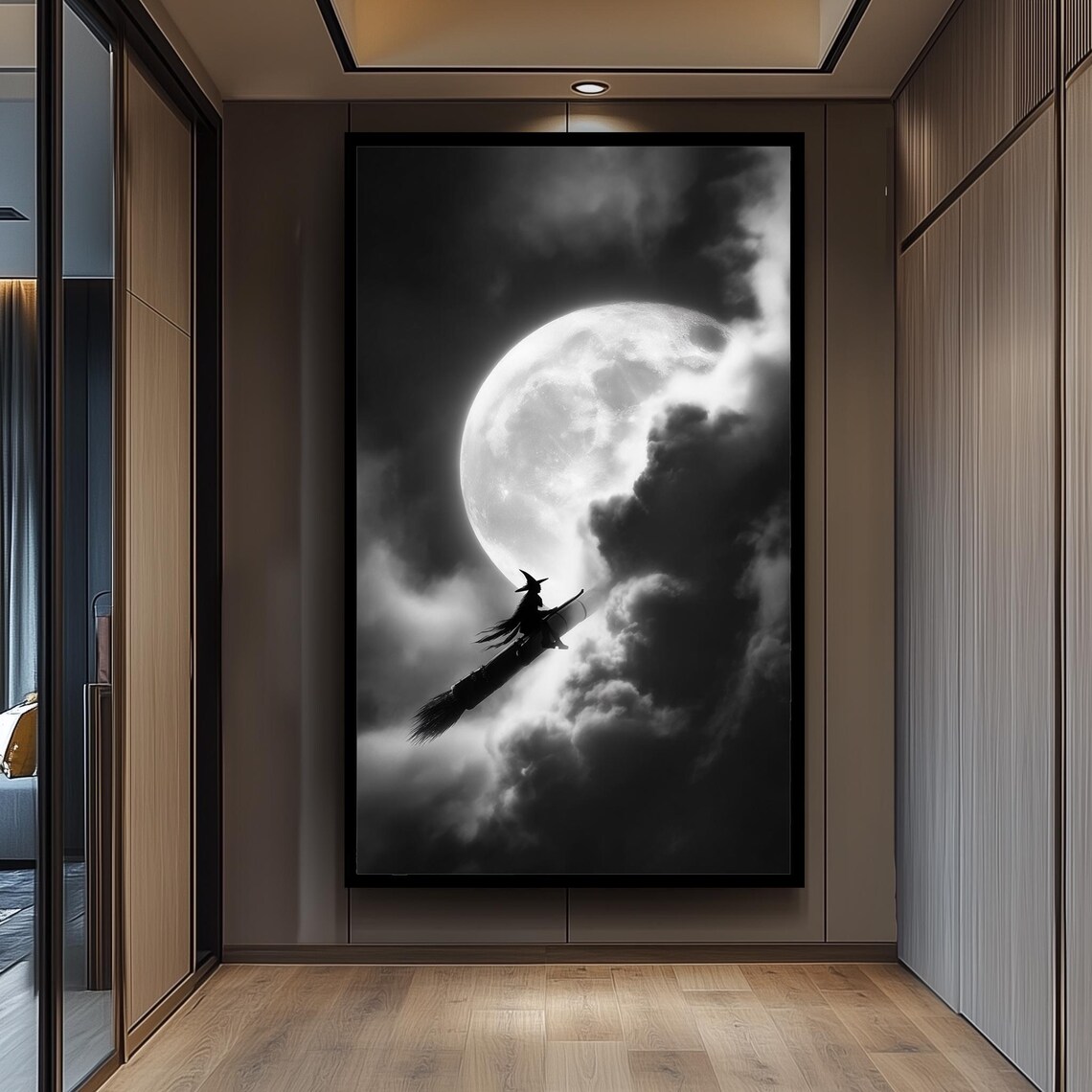 Witch Silhouette Flying On Broomstick, Halloween Poster