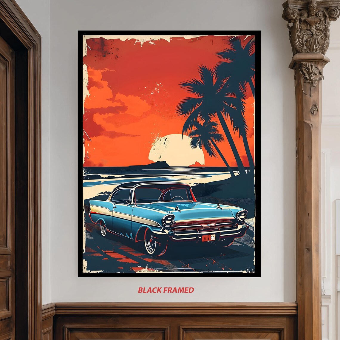 Vintage Beach Sunset Car Poster, Retro Coastal Style