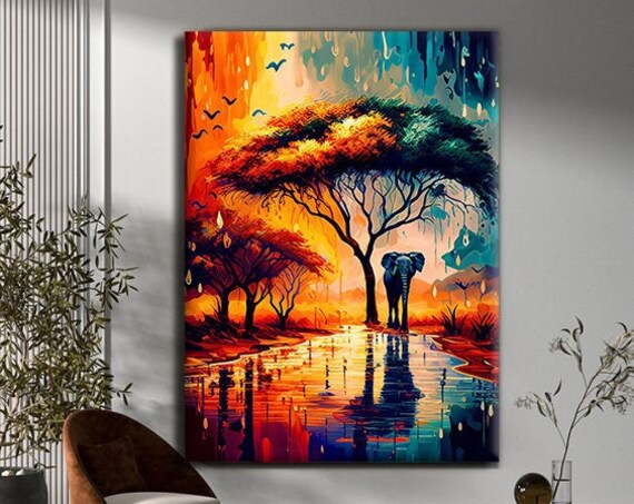 African Elephant Sunset Savanna Acacia Trees Colorful Art Print