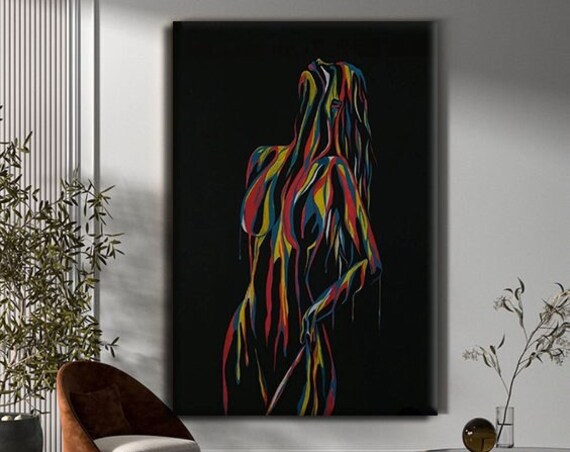 Rainbow Drip Woman Silhouette Flowing Color Ribbons Black Background Art Poster