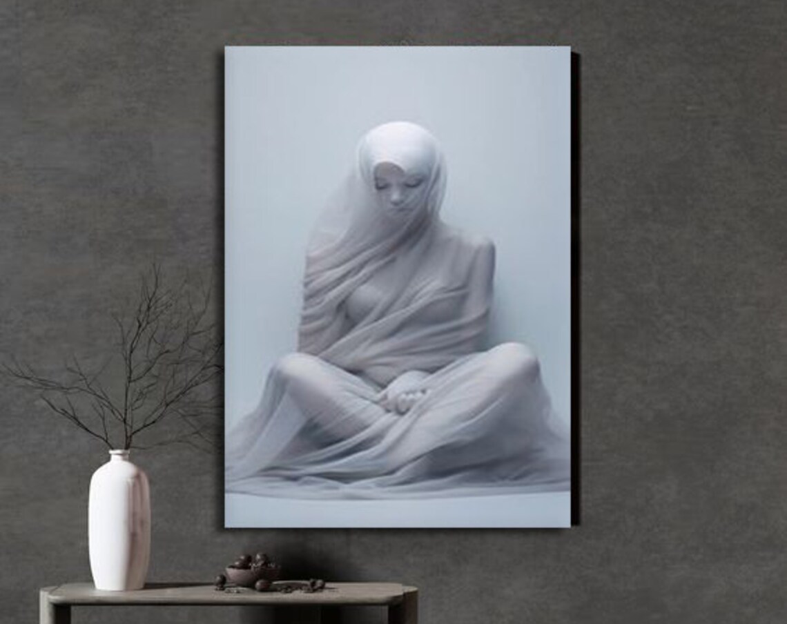White Veiled Woman Seated Sheer Fabric Minimalist Serene Art Poster