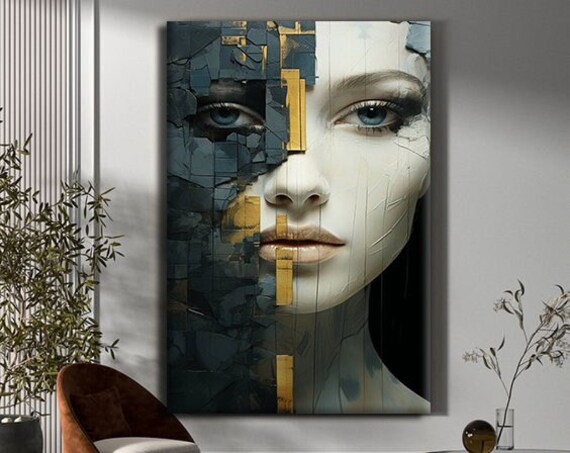 Shattered Geometric Woman Portrait Gold Accents Modern Fragmented Face Poster