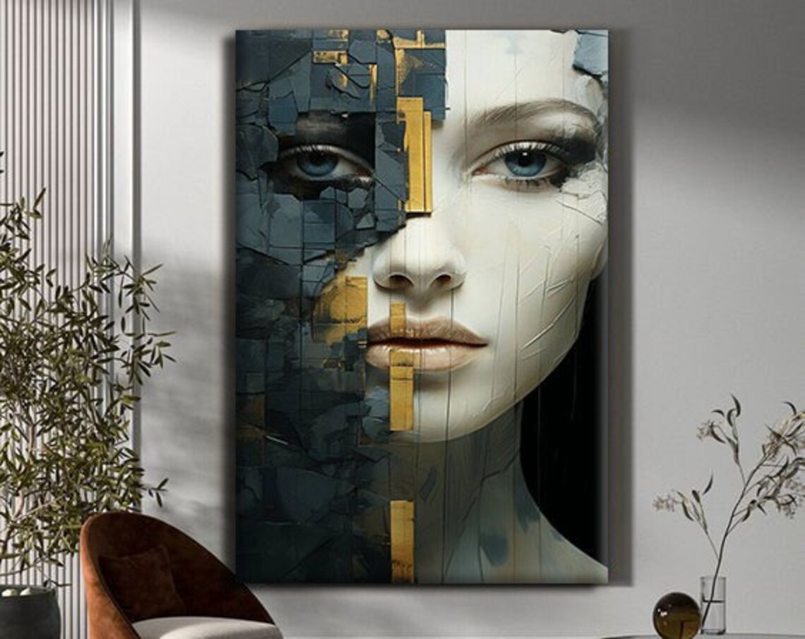 Shattered Geometric Woman Portrait Gold Accents Modern Fragmented Face Poster