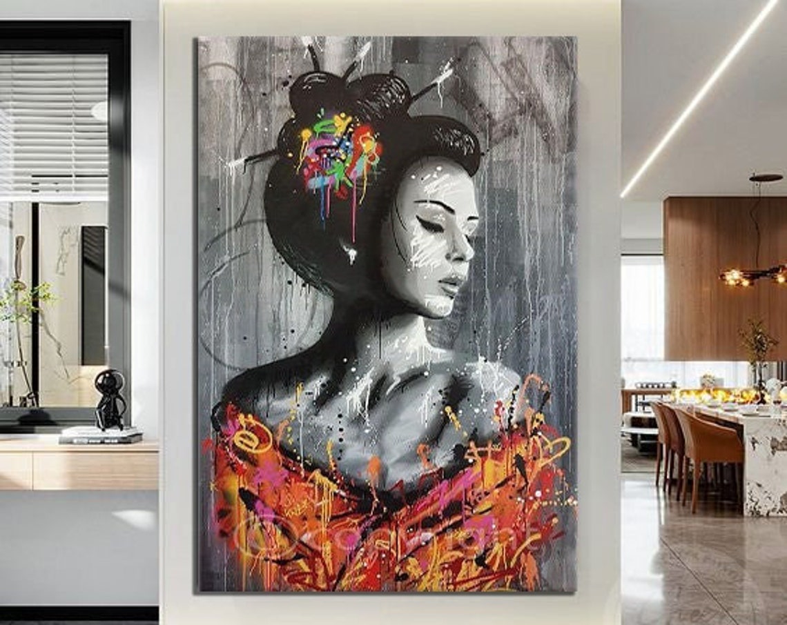 Asian Woman Graffiti Kimono Street Art Modern Portrait Wall Print
