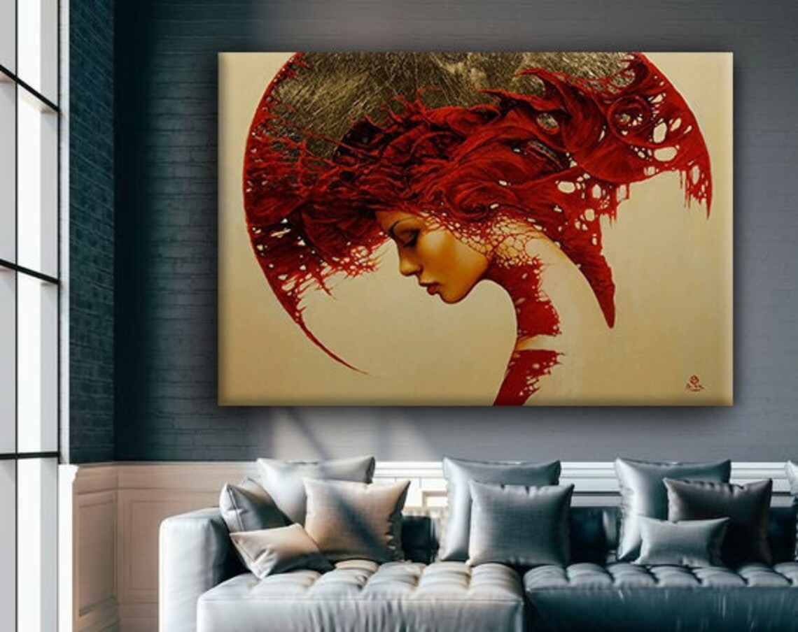 Red Haired Woman Profile Gold Moon Surreal Portrait Painting Poster