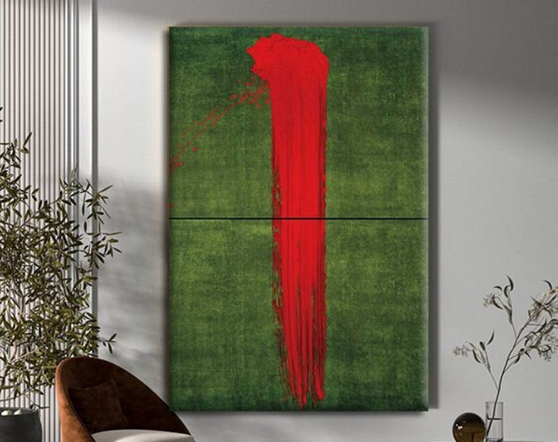 Bold Red Brushstroke Green Canvas Minimalist Abstract Art Print