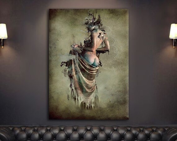 Vintage Nude Woman Back Draped Fabric Aged Parchment Classical Art Poster