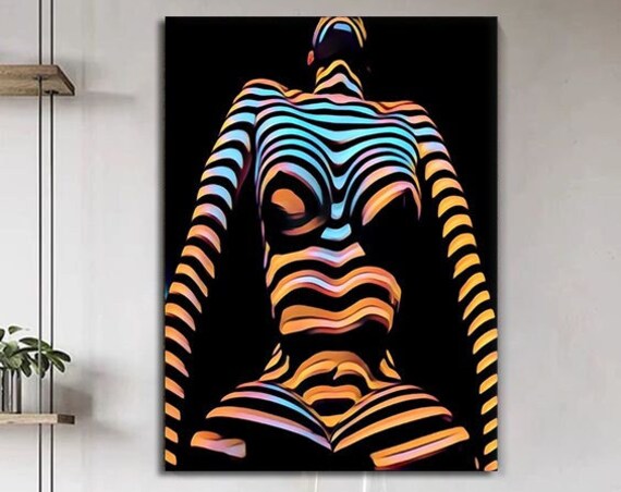 Woman Silhouette Neon Rainbow Stripes Op Art Modern Body Print