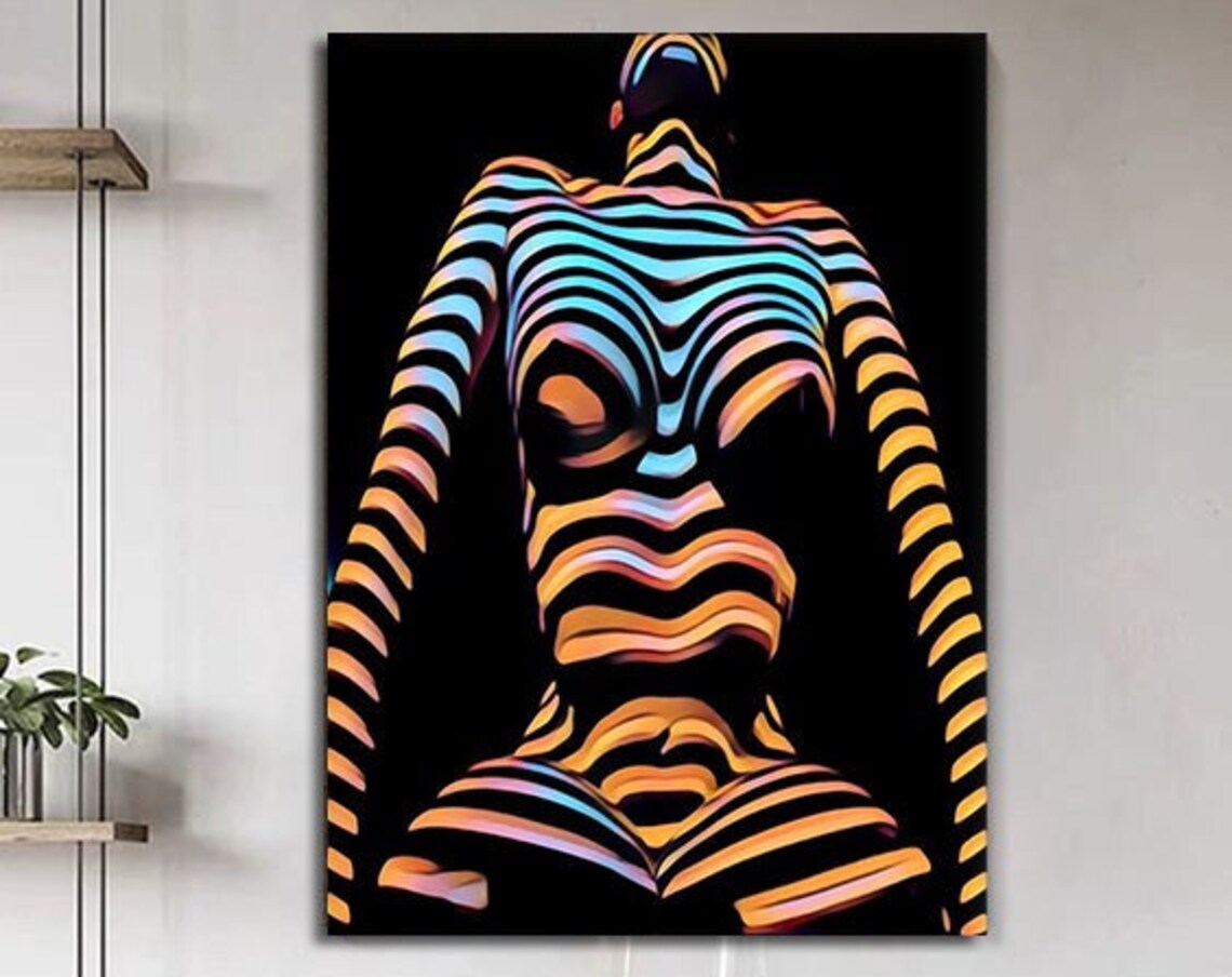 Woman Silhouette Neon Rainbow Stripes Op Art Modern Body Print