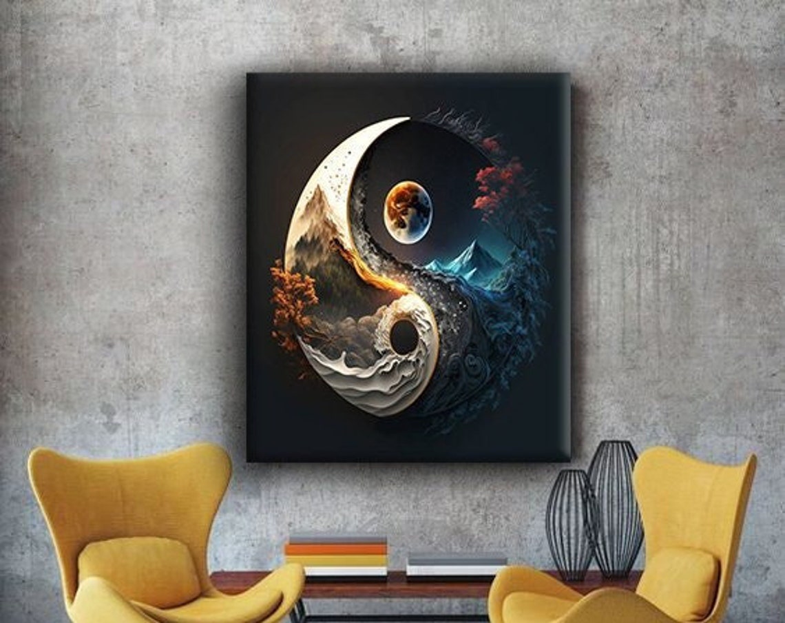 Yin Yang Mountain Moon Phases Waterfall Nature Balance Art Poster