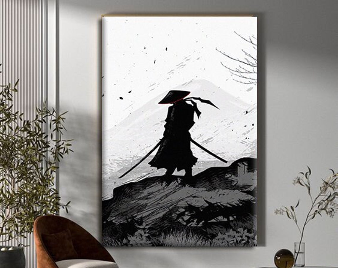 Samurai Silhouette Twin Swords Mountain Ink Style Art Poster