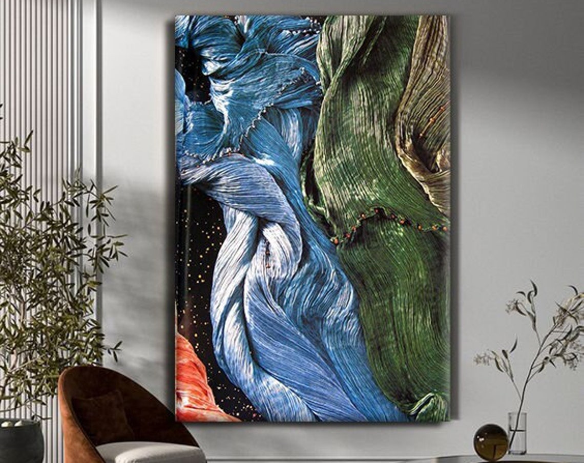 Flowing Blue Green Waves Abstract Macro Texture Modern Art Poster