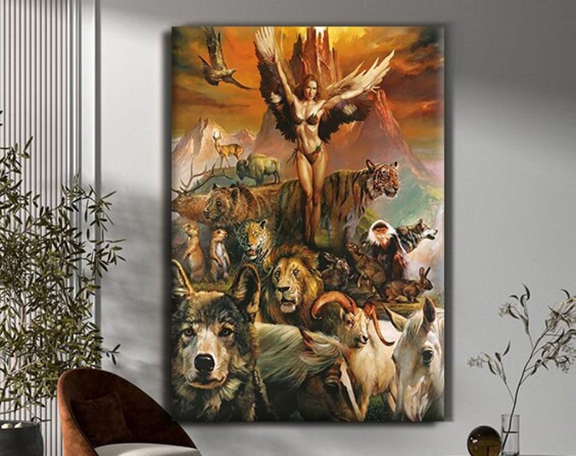 Winged Nature Woman Wild Animals Volcano Fantasy Painting Art Print