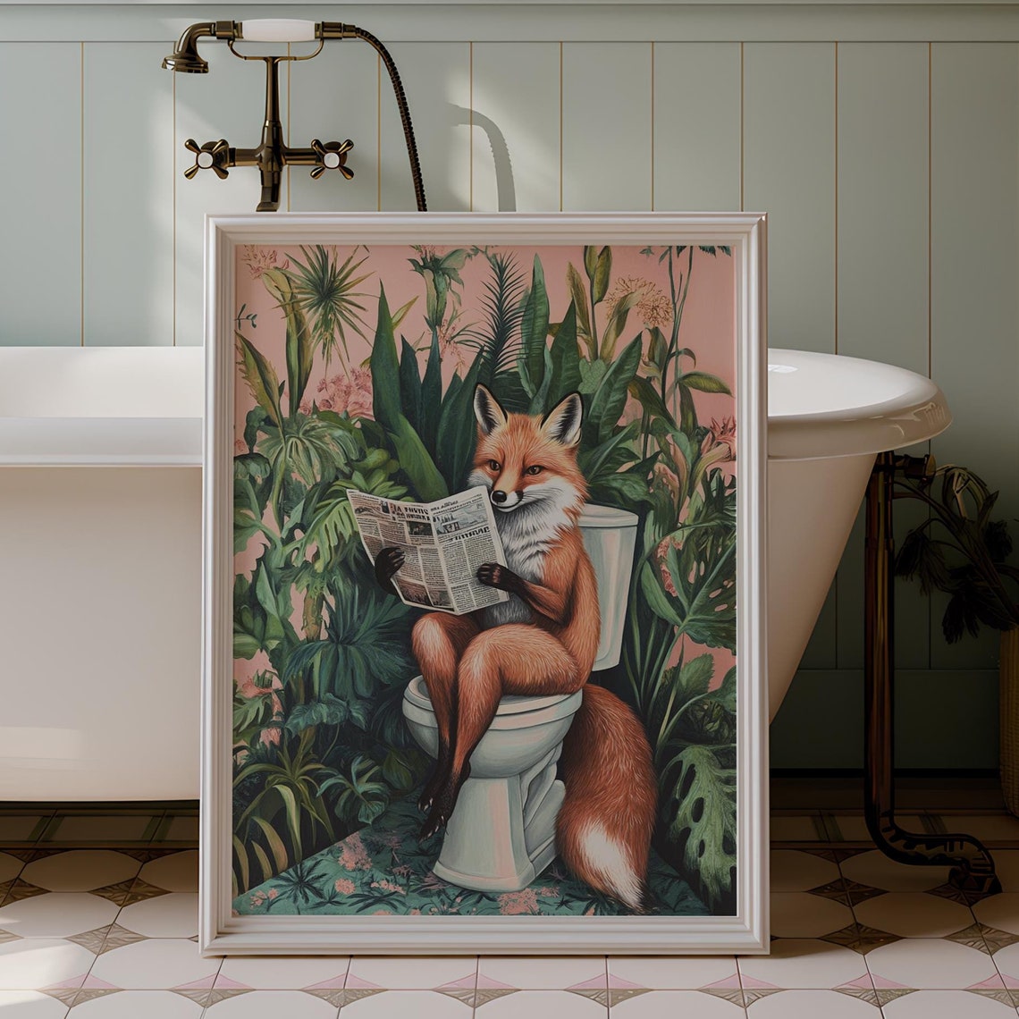 Red Fox Reading Newspaper on Toilet Blush Pink Botanical Poster