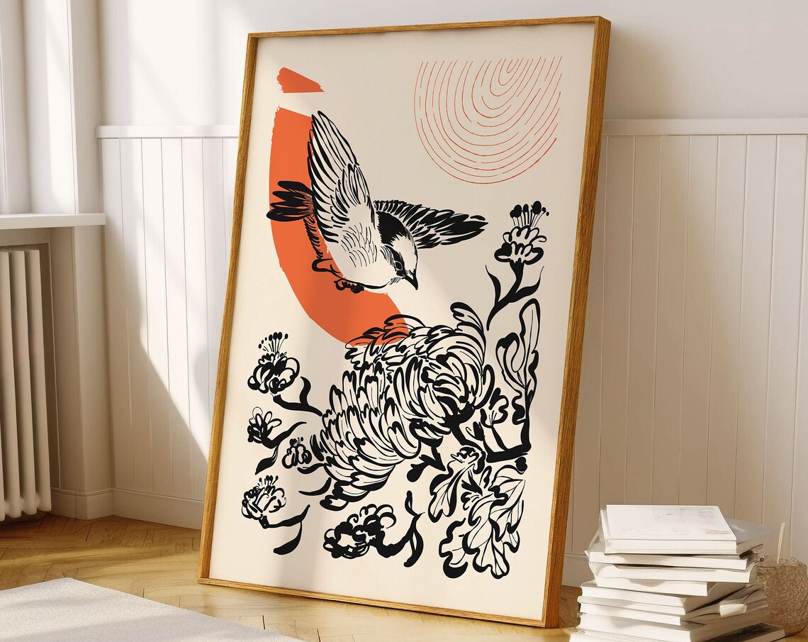 Japanese Vintage Birds Illustration, Modern Asian Art Print