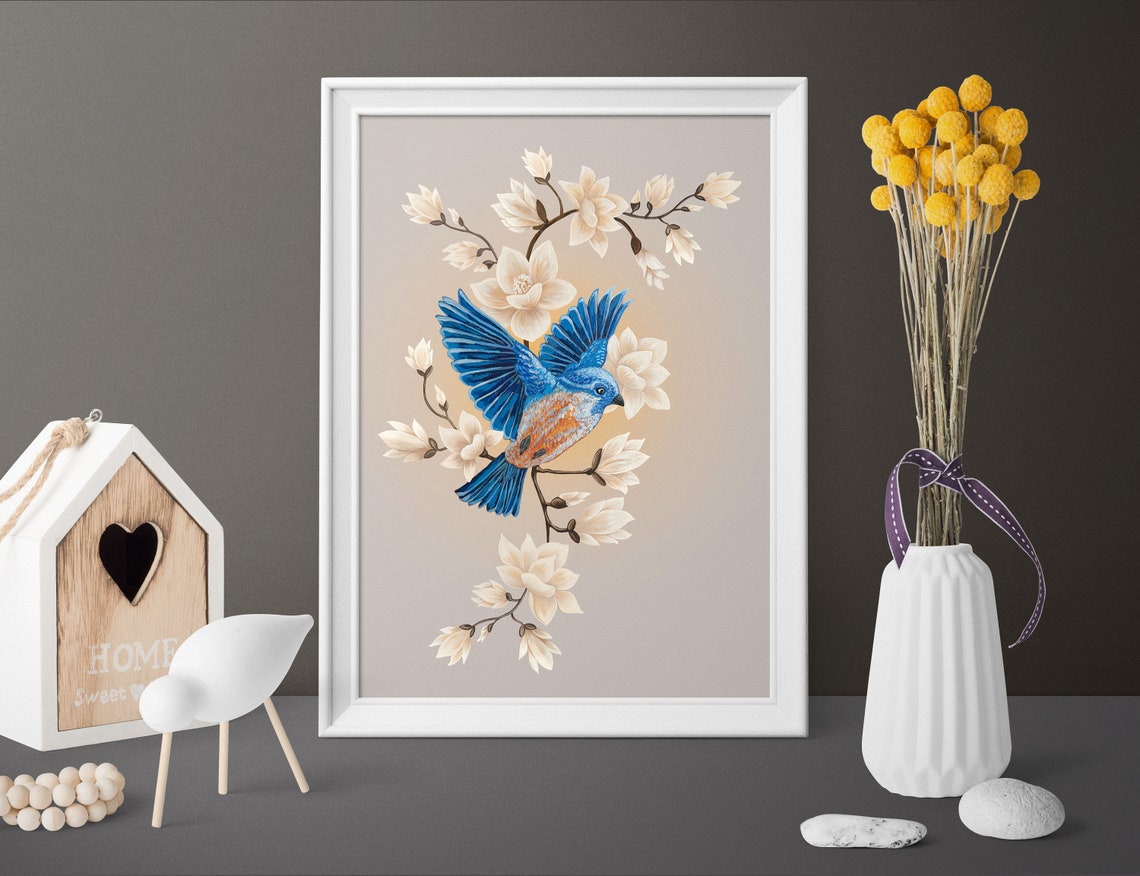 Vivid Blue Songbird Among White Magnolia Blossoms Spring Art Poster