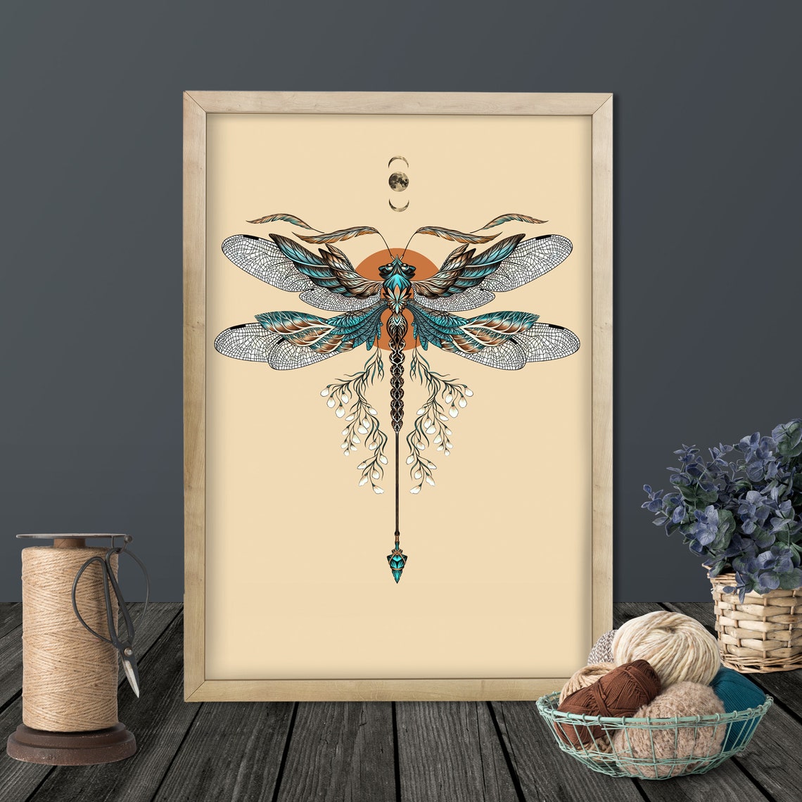 Dragonfly Tattoo Art Print, Tribal Floral Moon