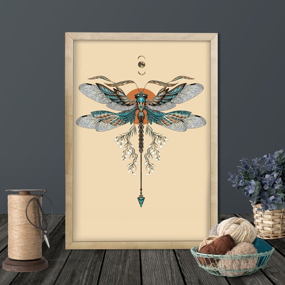 Dragonfly Tattoo Art Print, Tribal Floral Moon