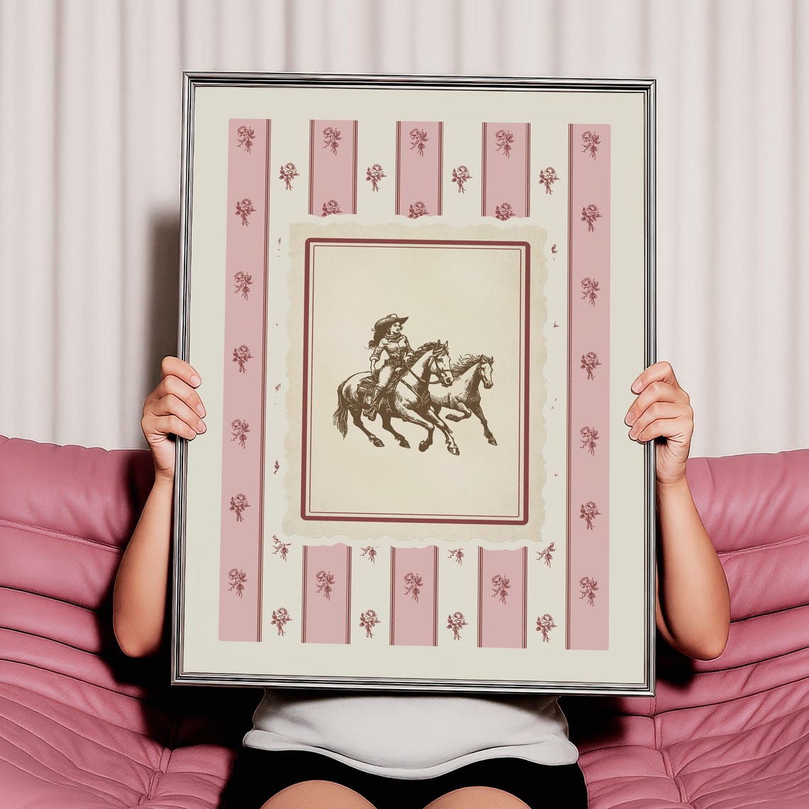Cowgirl Horseback Art Print, Vintage Rodeo Coquette
