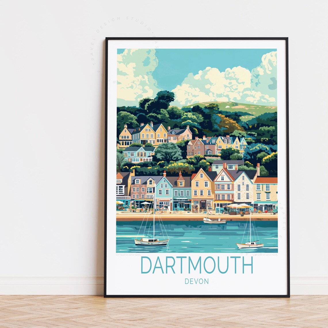 Dartmouth Devon Harbor Sailboats Colorful Waterfront Travel Poster
