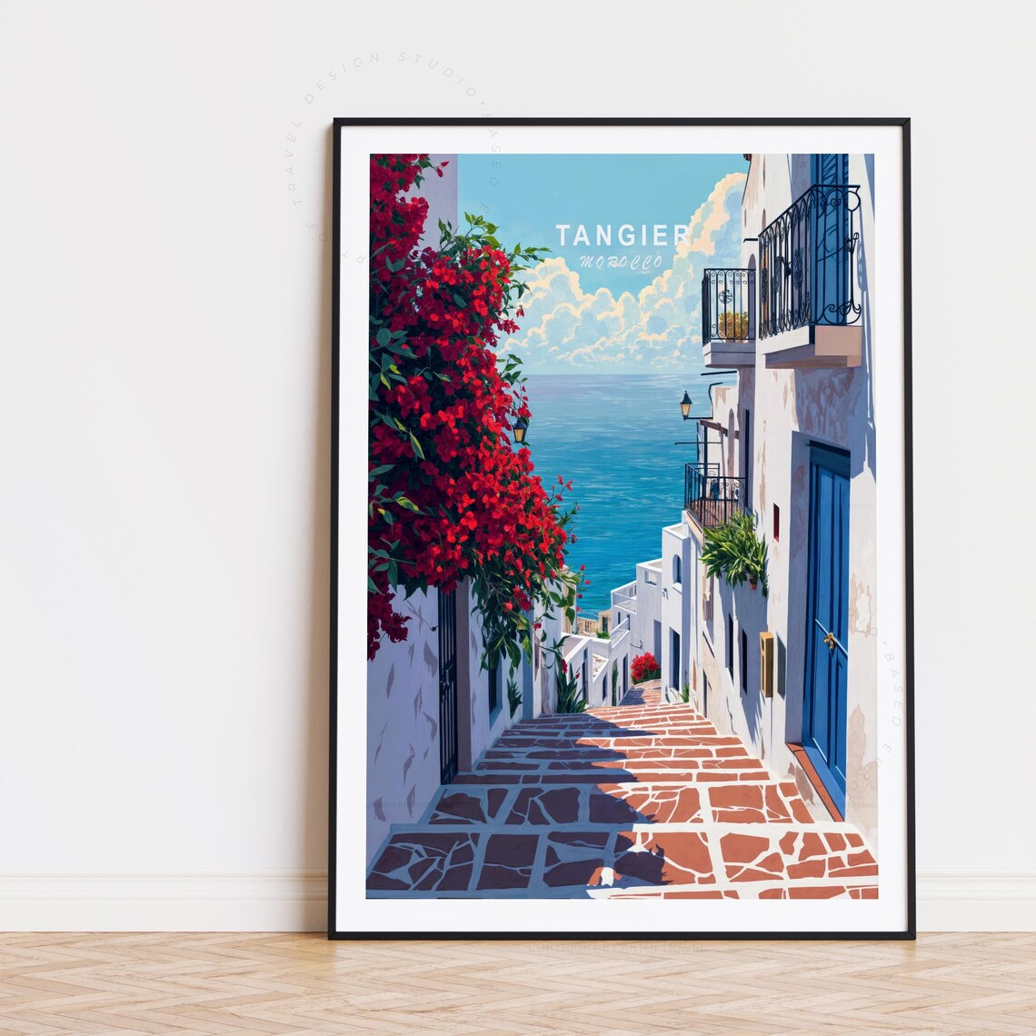 Tangier Morocco Medina Lane Bloom Sea View White Wall Poster