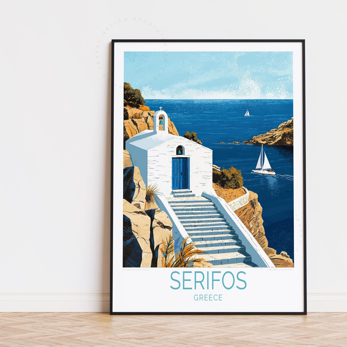 Serifos Greece White Cliffside Chapel Aegean Sea Retro Travel Poster