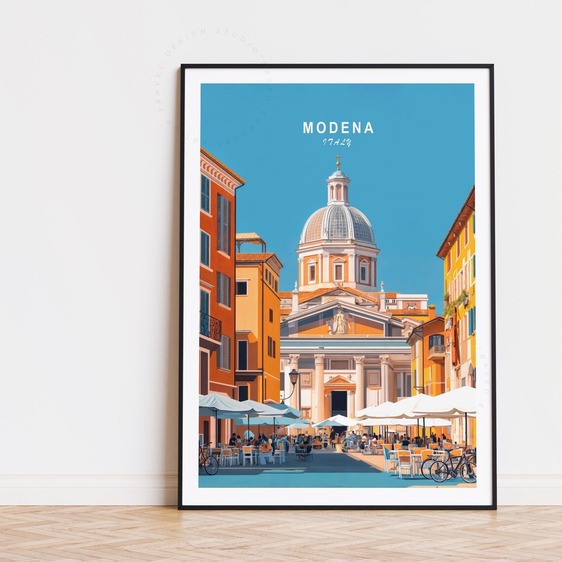 Modena Italy Cathedral Piazza Cafe Umbrellas Sunny Travel Poster